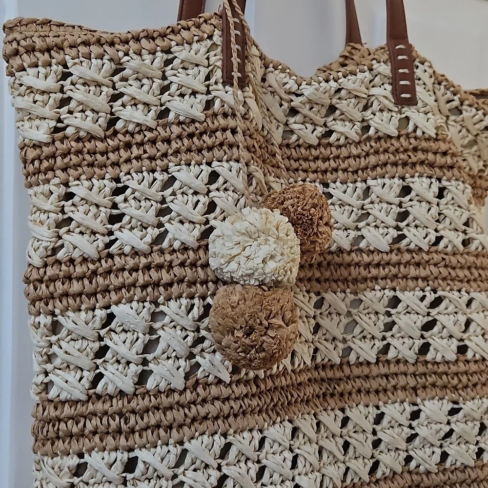Nordstrom Raffia Tote Bag - Cream and Brown - Picture 2 of 6